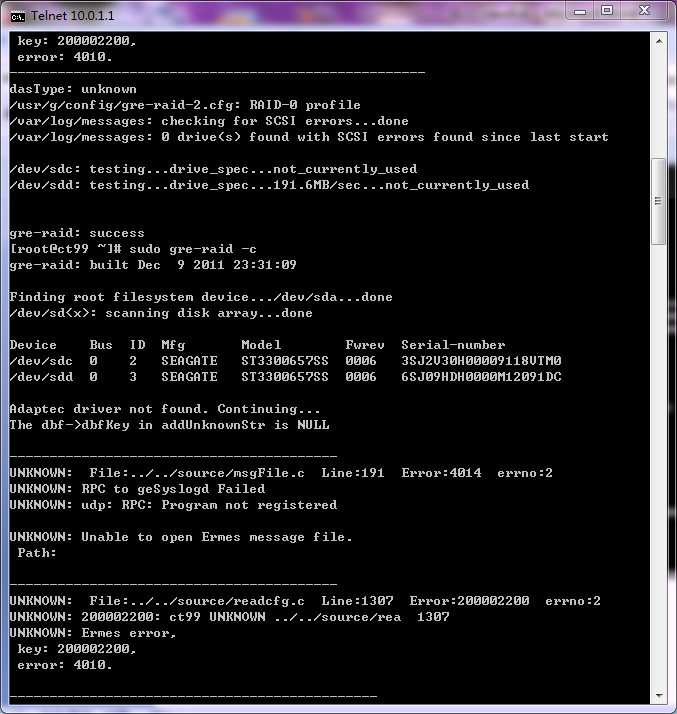 如何用telnet远程连接CT组建raw disk阵列